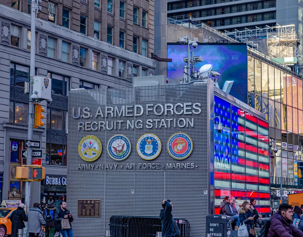 U.S. Armed Forces Recruiting Station in a city, where applicants go for military recruiter enlistment interviews.