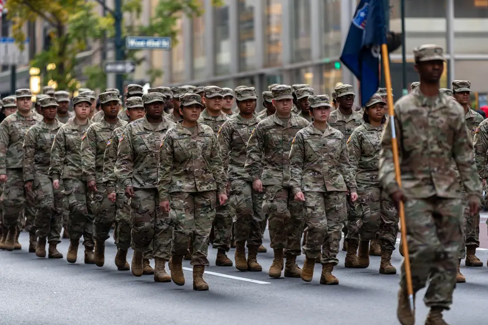 US Army soldiers in uniform marching during basic training on a parade ground