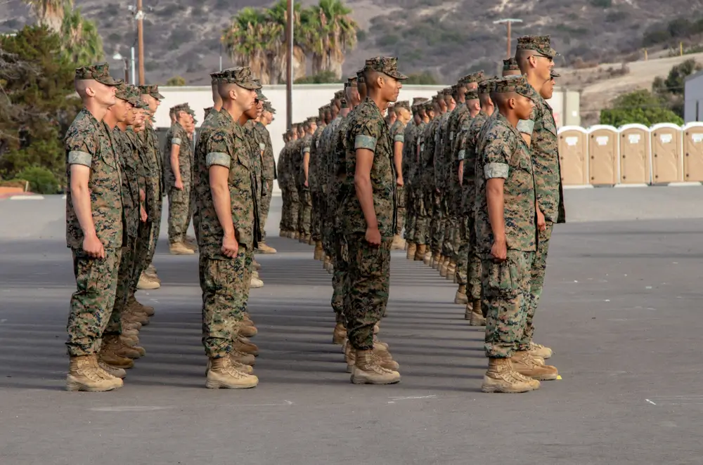 Military trainees in camouflage standing in formation on an outdoor drill pad during basic training.